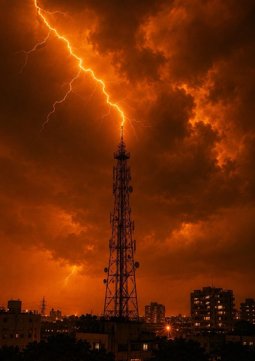 Lightning striking an exposed telecom tower